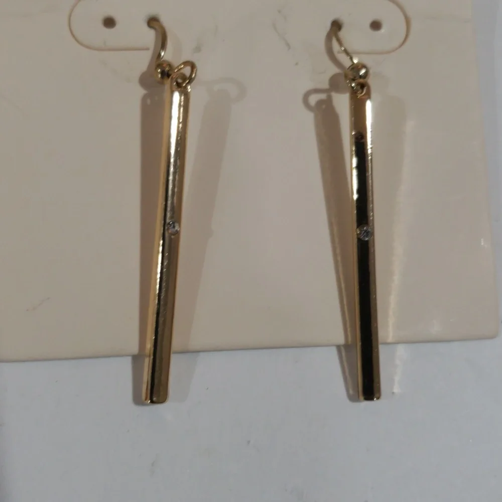 Gold Bar Crystal Drop Earrings – Sleek Vertical Dangles - Women Fashion Jewelry